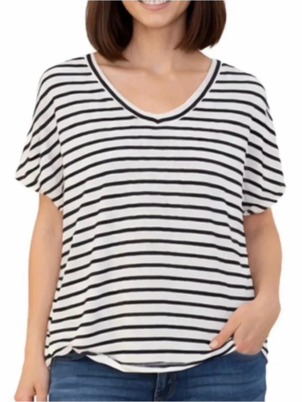 Women's Marled Essentials Striped Short Sleeve Top Medium